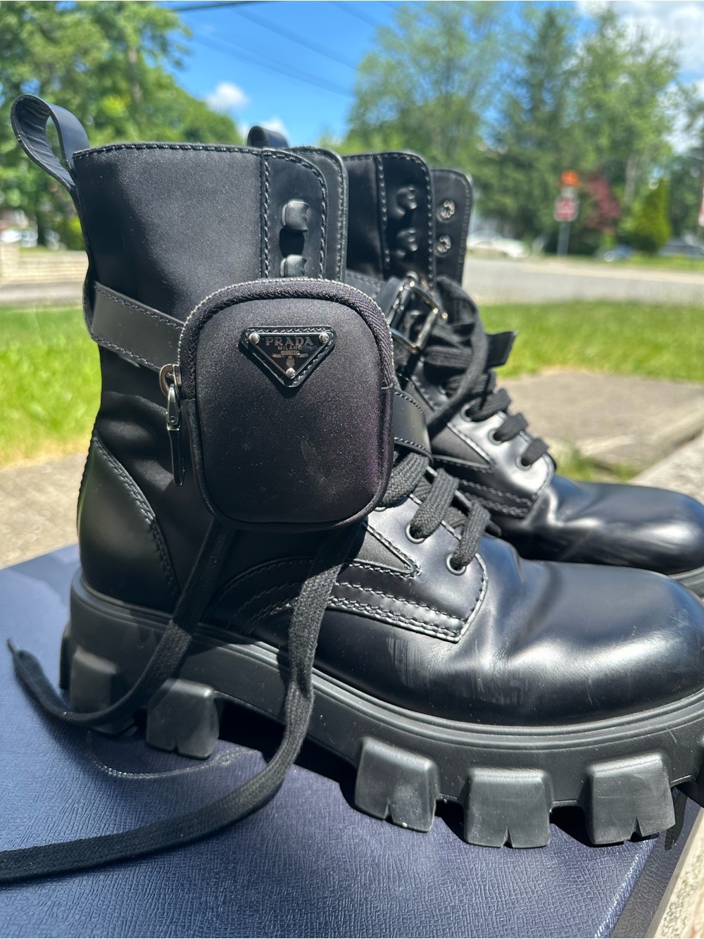 Prada Black Lug-Sole Combat Boots with Detachable Mini Pouch